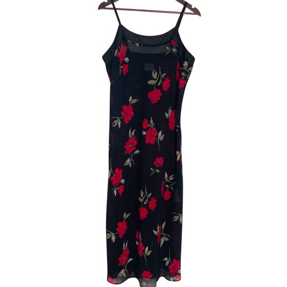 Vtg 90s Y2K Pasha Slip Maxi Dress L Black Red Floral Sheer Slits Romantic Goth - Picture 1 of 6